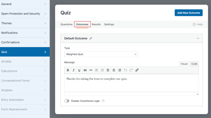 WPForms Default Outcome WPForms Quiz Outcome Screens