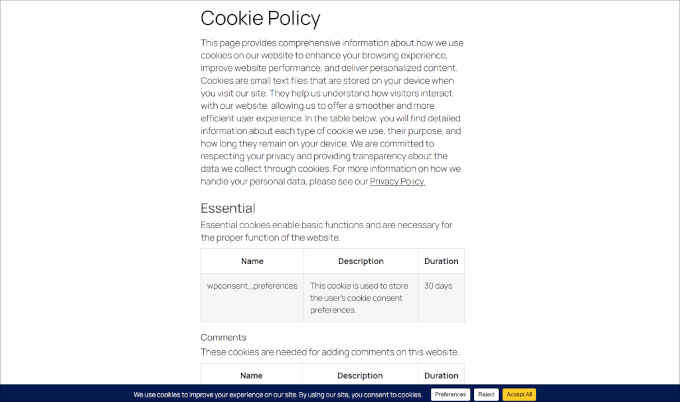 Pre styled cookie policy pages Pre-styled cookie policy pages in WPConsent