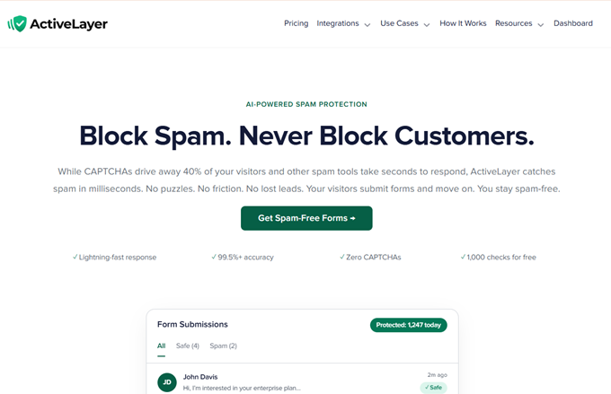 activelayer-homepage ActiveLayer AI spam protection homepage