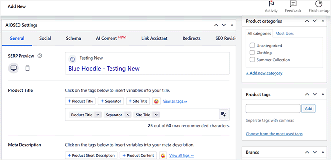 AIOSEO settings box in the WooCommerce product editor AIOSEO settings box in the WooCommerce product editor