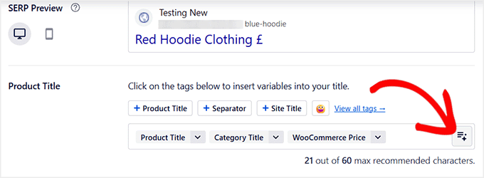 Click star icon in AIOSEO to open AI product title generator Click star icon in AIOSEO to open AI product title generator