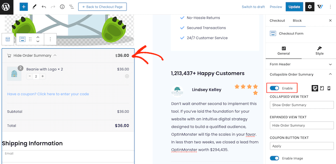A collapsible order summary on a checkout page A collapsible order summary on a checkout page