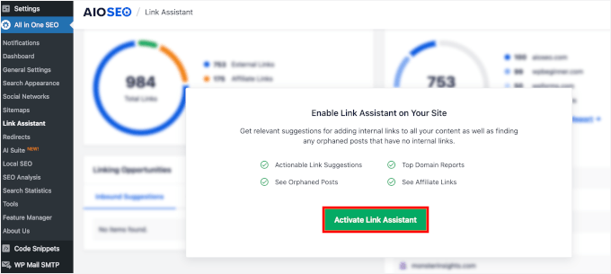 Activating Link Assistant in AIOSEO Activating Link Assistant in AIOSEO
