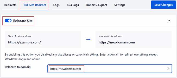 AIOSEO Full Site Redirect tab with Relocate Site toggle turned on AIOSEO Full Site Redirect tab with Relocate Site toggle turned on