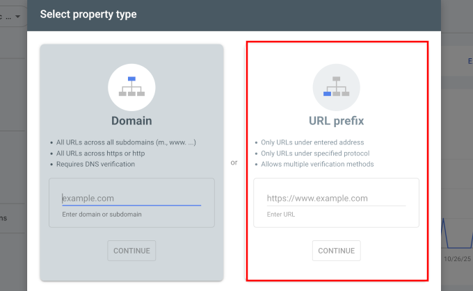 Select propety type option in Google Search Console Select property type option in Google Search Console