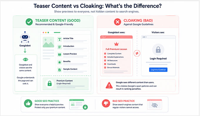 Difference between teasing and cloaking membership site content Teaser Content vs. Cloaking: Staying Within Google's Guidelines