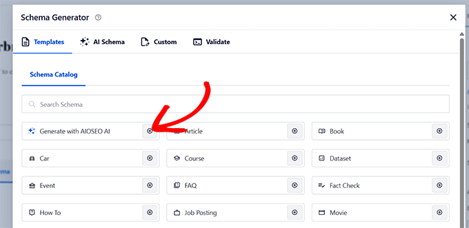 Click Generate with AIOSEO AI in schema generator Click Generate with AIOSEO AI in schema generator