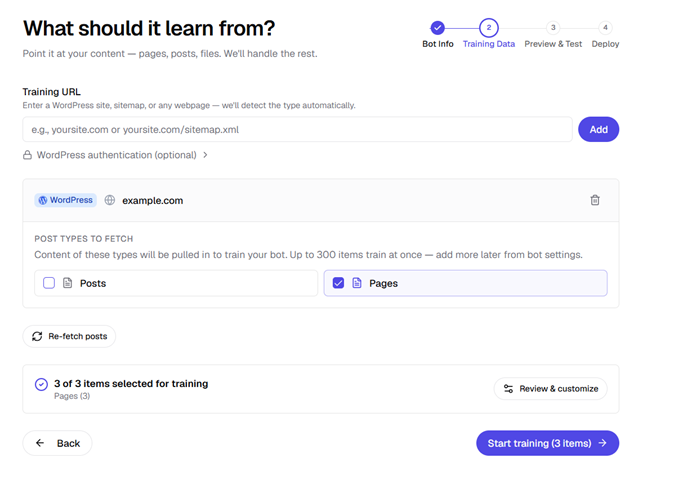 helpjet training Screenshot of a bot-training UI: enter a training URL, choose content types (Posts/Pages), and start training.