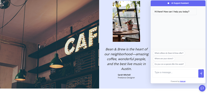 chatbox example Cafe interior with a glowing'CAFE' sign and hanging green pendant lights; on the right, a chat assistant panel with a small Bean & Brew photo and intro text.
