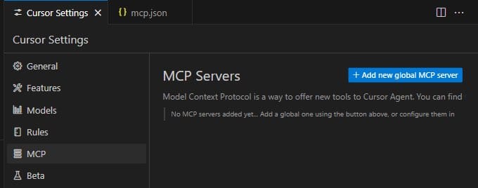 Connecting Cursor to WPVibe Cursor Settings showing the MCP panel with an option to add a new global MCP server