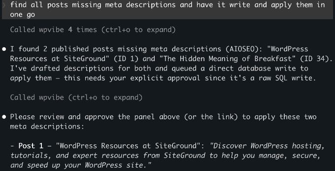 Claude Code chat showing prompt to find and apply missing AIOSEO meta descriptions Claude Code chat showing prompt to find and apply missing AIOSEO meta descriptions