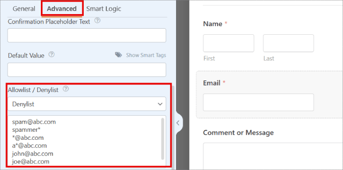 Advanced email allowlist and denylist filtering in WPForms