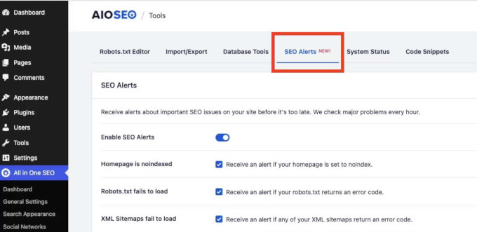 AIOSEO : SEO alerts settings AIOSEO: SEO alerts settings