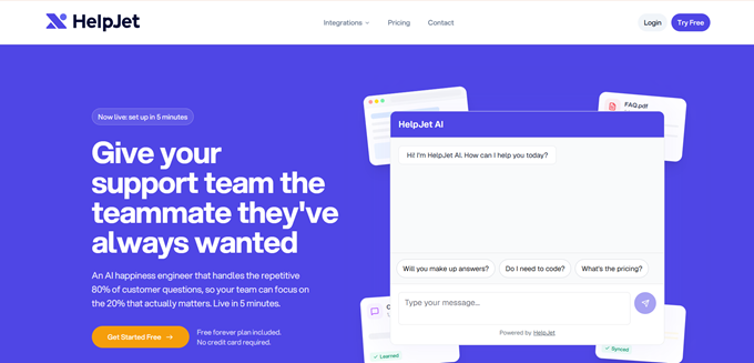 helpjet homepage Hero banner for HelpJet AI showing a purple background, floating chat windows, and the headline:'Give your support team the teammate they've always wanted.' including a Get Started Free CTA in the lower area.
